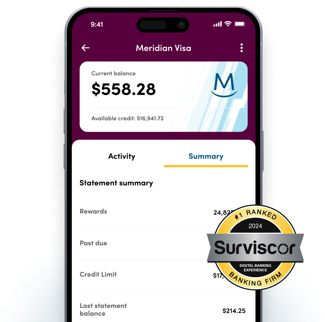 Mobile banking app with credit card information displayed on a smartphone. Surviscor badge; online experience ranked number 1 for 2024.
