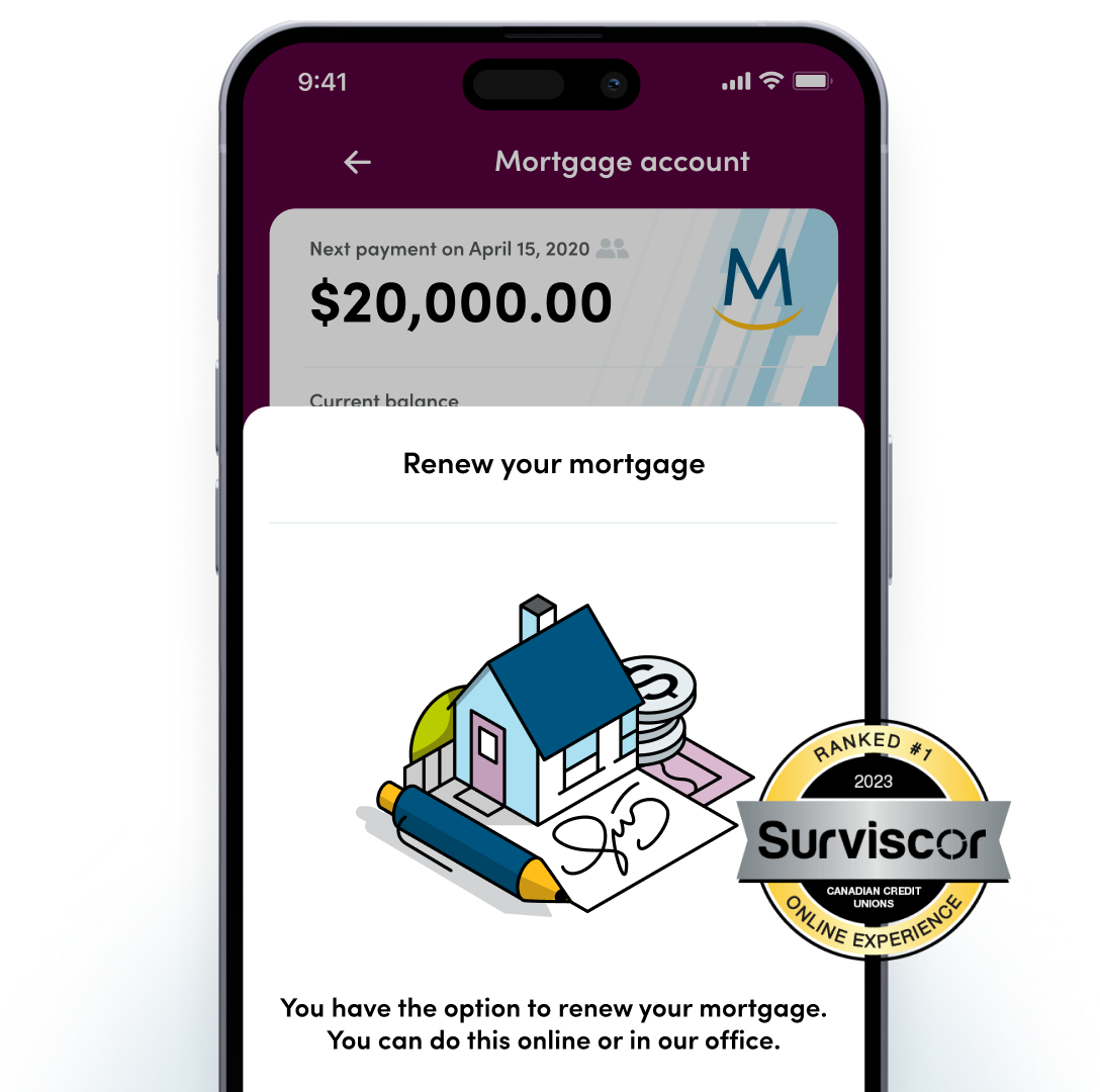 Mobile banking app with mortgage information displayed on a smartphone. Surviscor badge; online experience ranked number 1 for 2024.