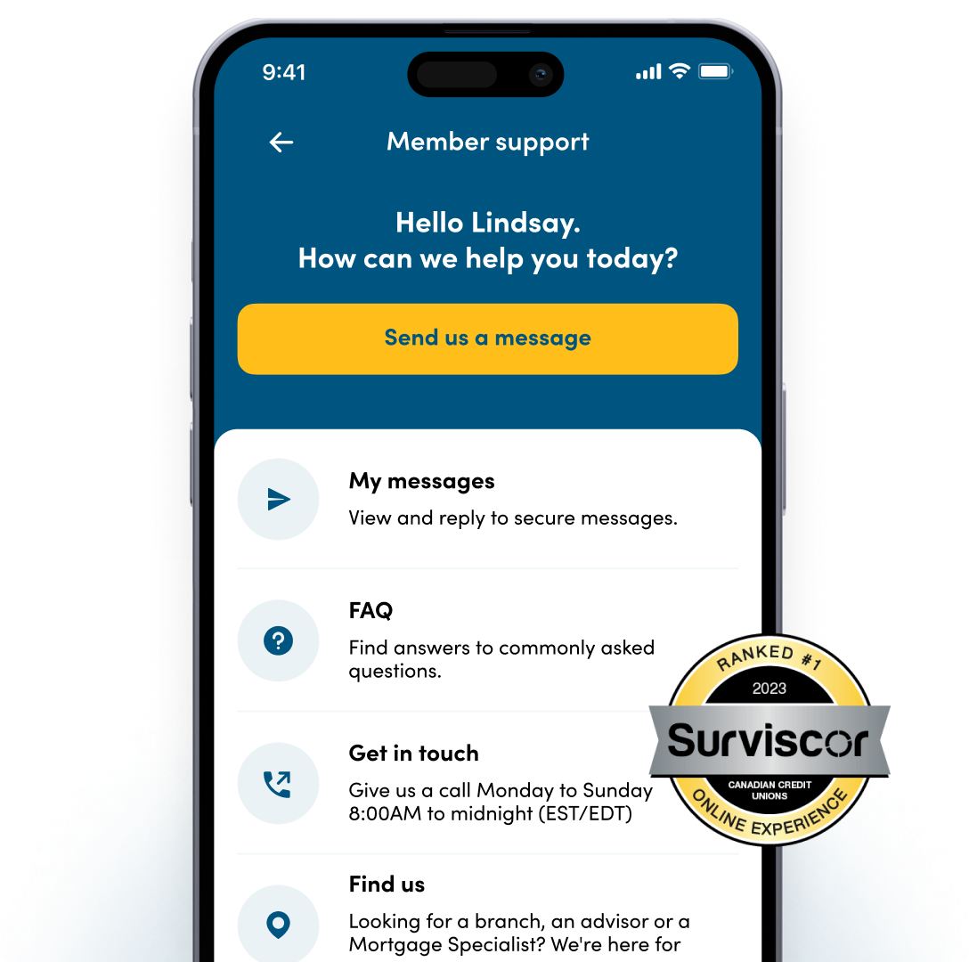 Meridian mobile app open on a phone and an award medal that says Ranked #1 in online experience for Canadian credit unions by Surviscor, 2023.