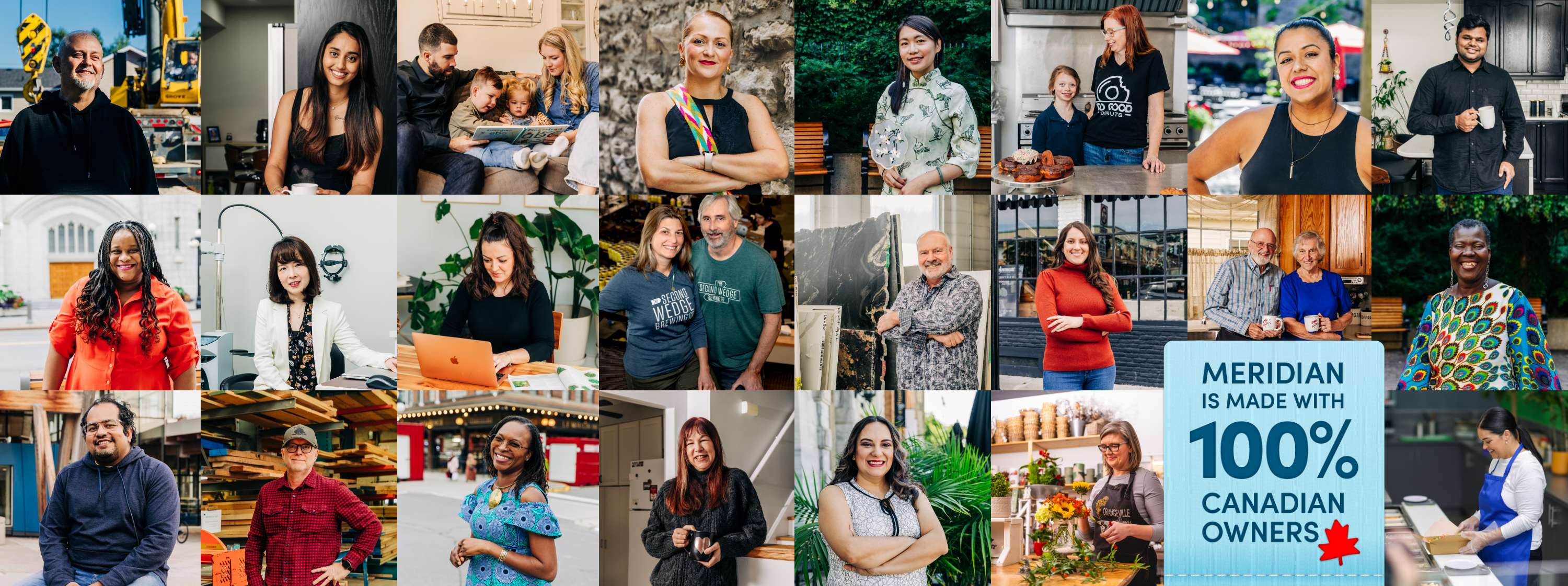 A collage of 20 diverse individuals in various settings, with faces blurred for anonymity. The settings include offices, kitchens, gardens, and streets. In the bottom right corner, a blue box with white text reads 'MERIDIAN IS MADE WITH 100% CANADIAN OWNERS' accompanied by a red maple leaf icon.