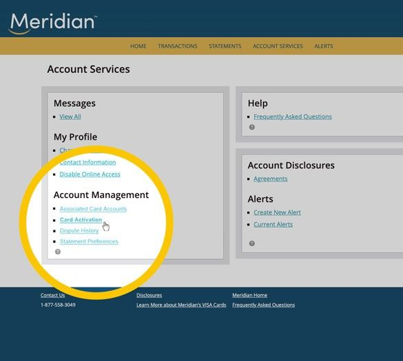 Account services page in eZCard with the Account Management options highlighted.